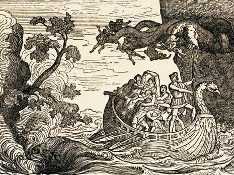 The perilous trip of the ship of Ulysses between Scylla and Charybdis.